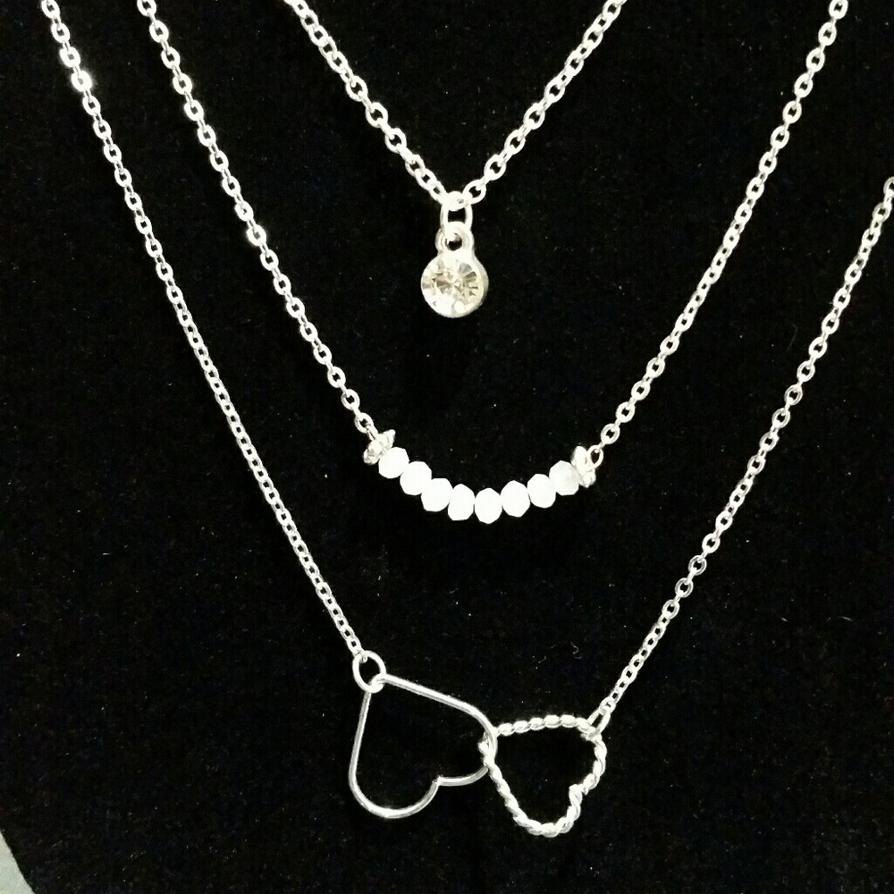 Necklace Trio, Hearts, Pale Pink Beads, Clear Gem - Picture 2 of 2
